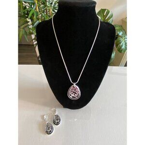 Napier Black Leather Teardrop Silver Tone Filigree Pendant Necklace and Earrings